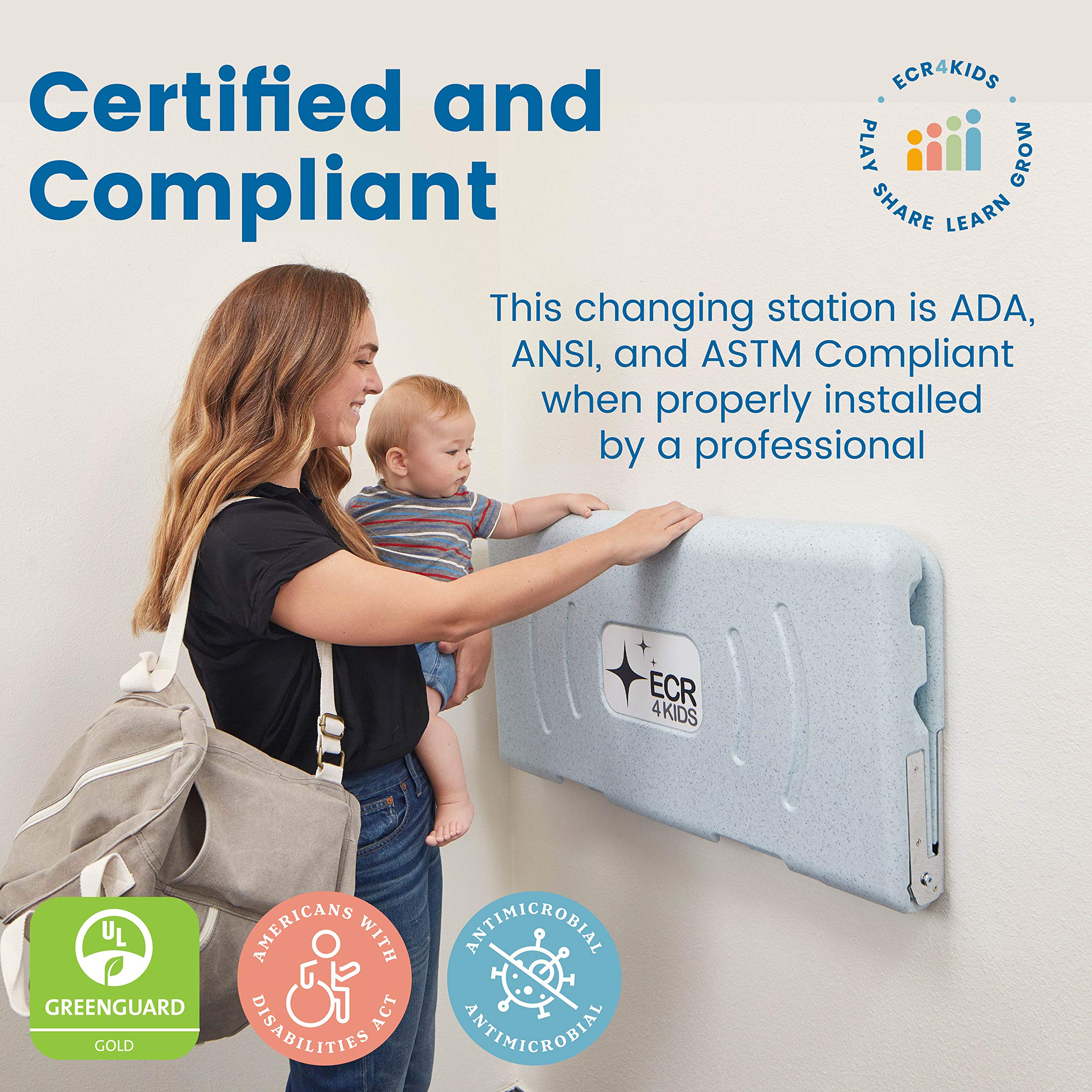 ECR4Kids Horizontal Wall-Mounted Changing Station with 500 Sanitary Liners, Baby Changer, Grey Speckled