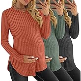 JoyMotion 3 Pack Women's Maternity Shirts, Ribbed Long Sleeve Pregnancy Sweaters Curved Hem Split Side Crew Neck Tunic Tops