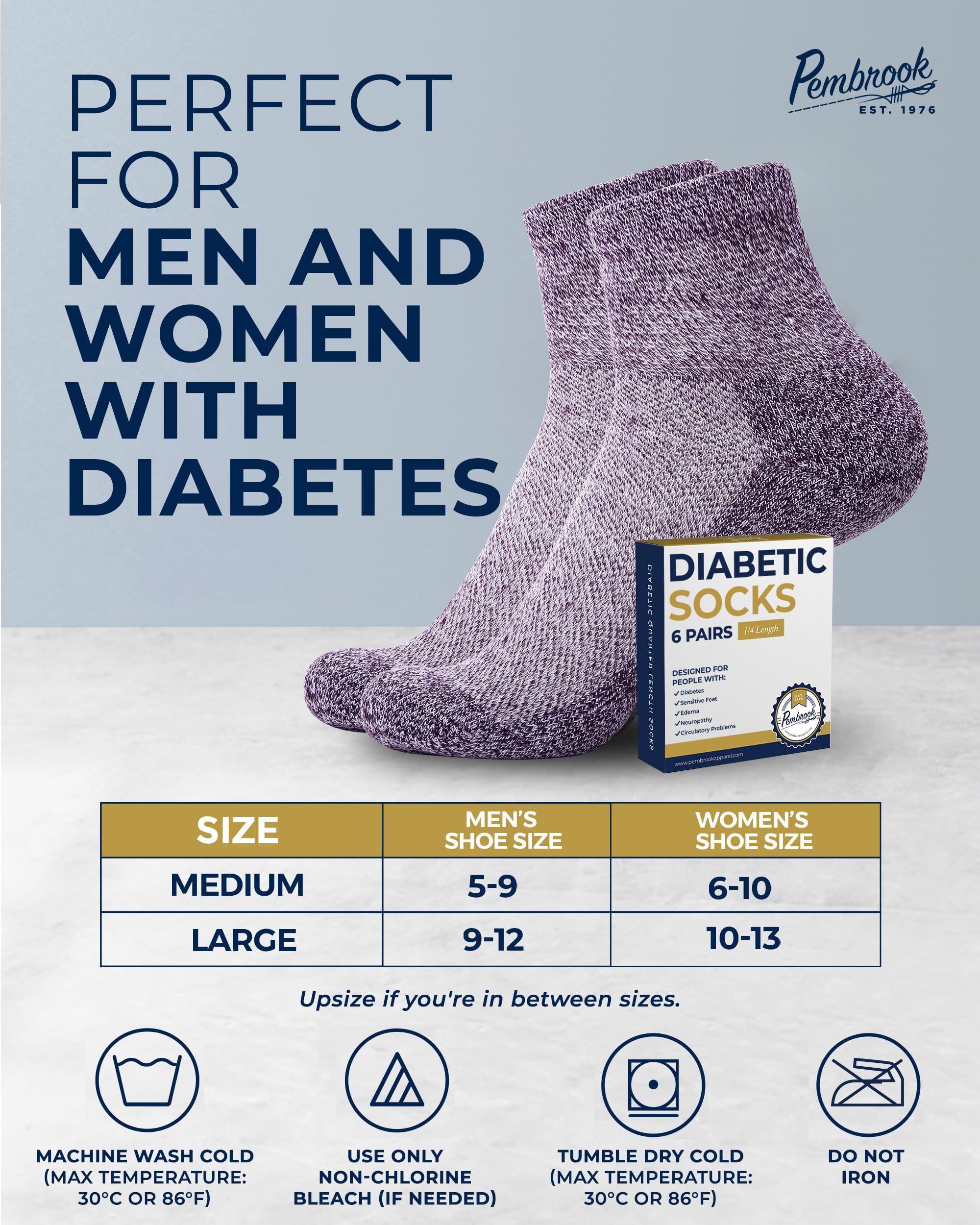 Pembrook Ankle Diabetic Socks for Women & Men | 6 Pairs | Wide Non Binding Socks Quarter Length | Edema Neuropathy Socks