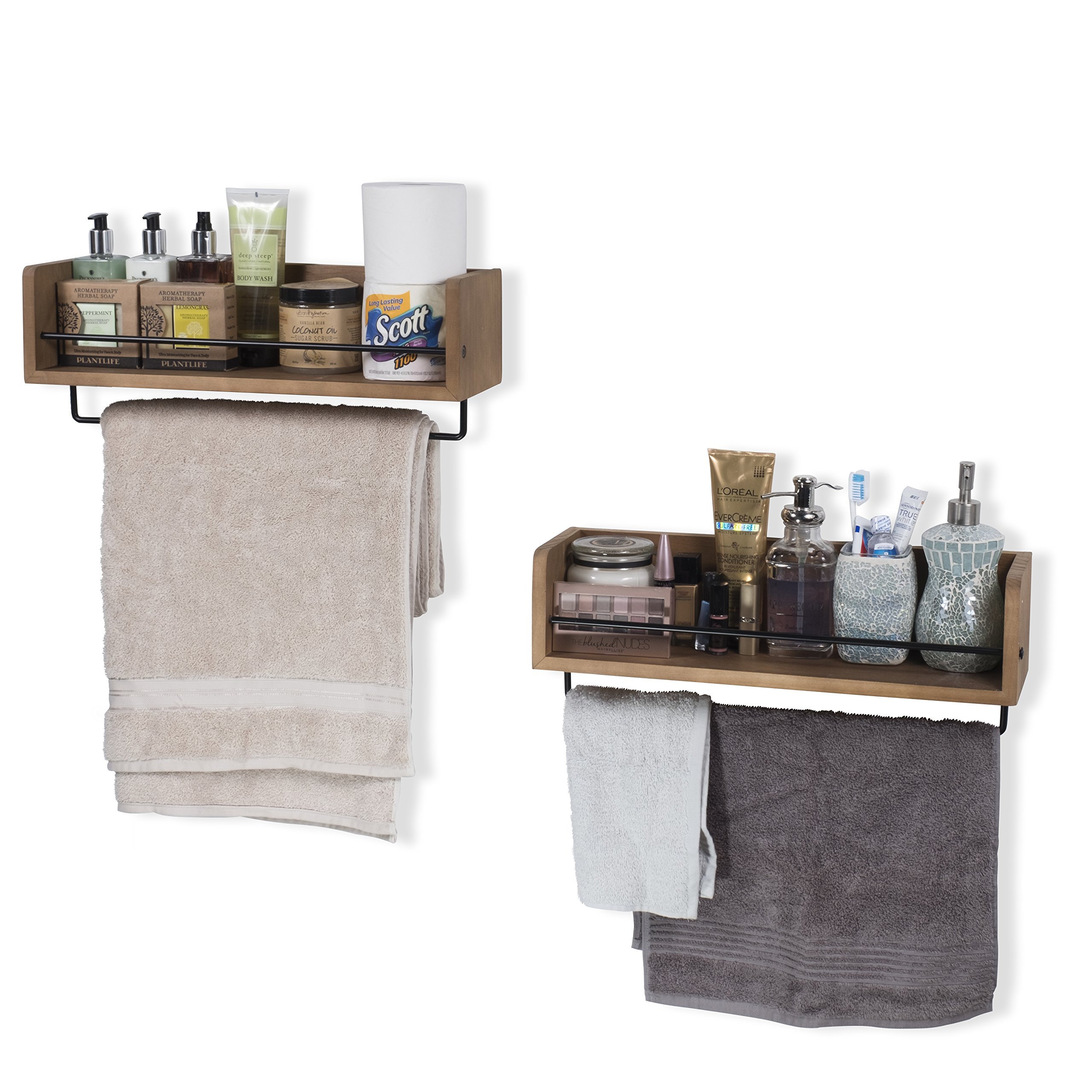 Set of 2 Rustic Kitchen Wood Wall Shelf with Metal Rail ...