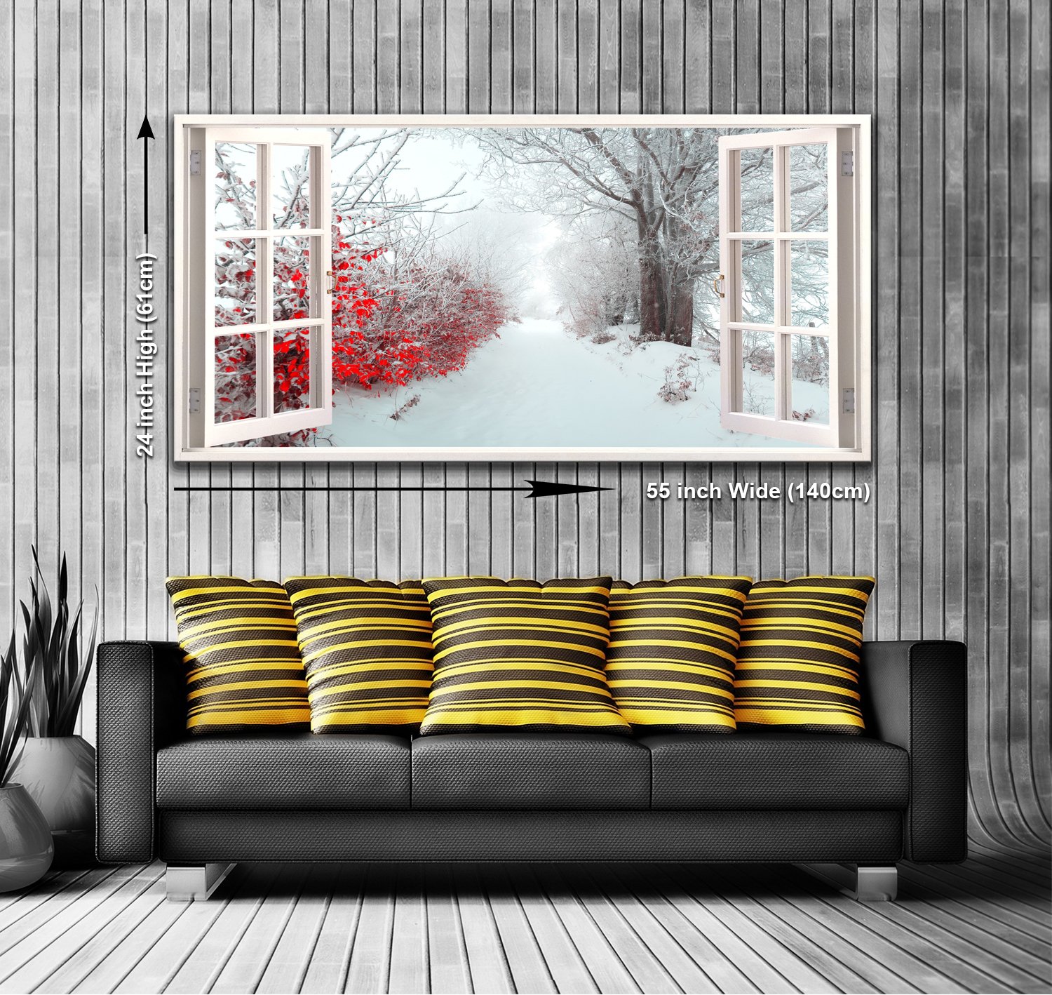 The First Snow View from a Window Panoramic Canvas Wall Art Print Framed XXL 55 inch x 24 inch Over 4.5 ft Wide x 2 ft High Ready to Hang