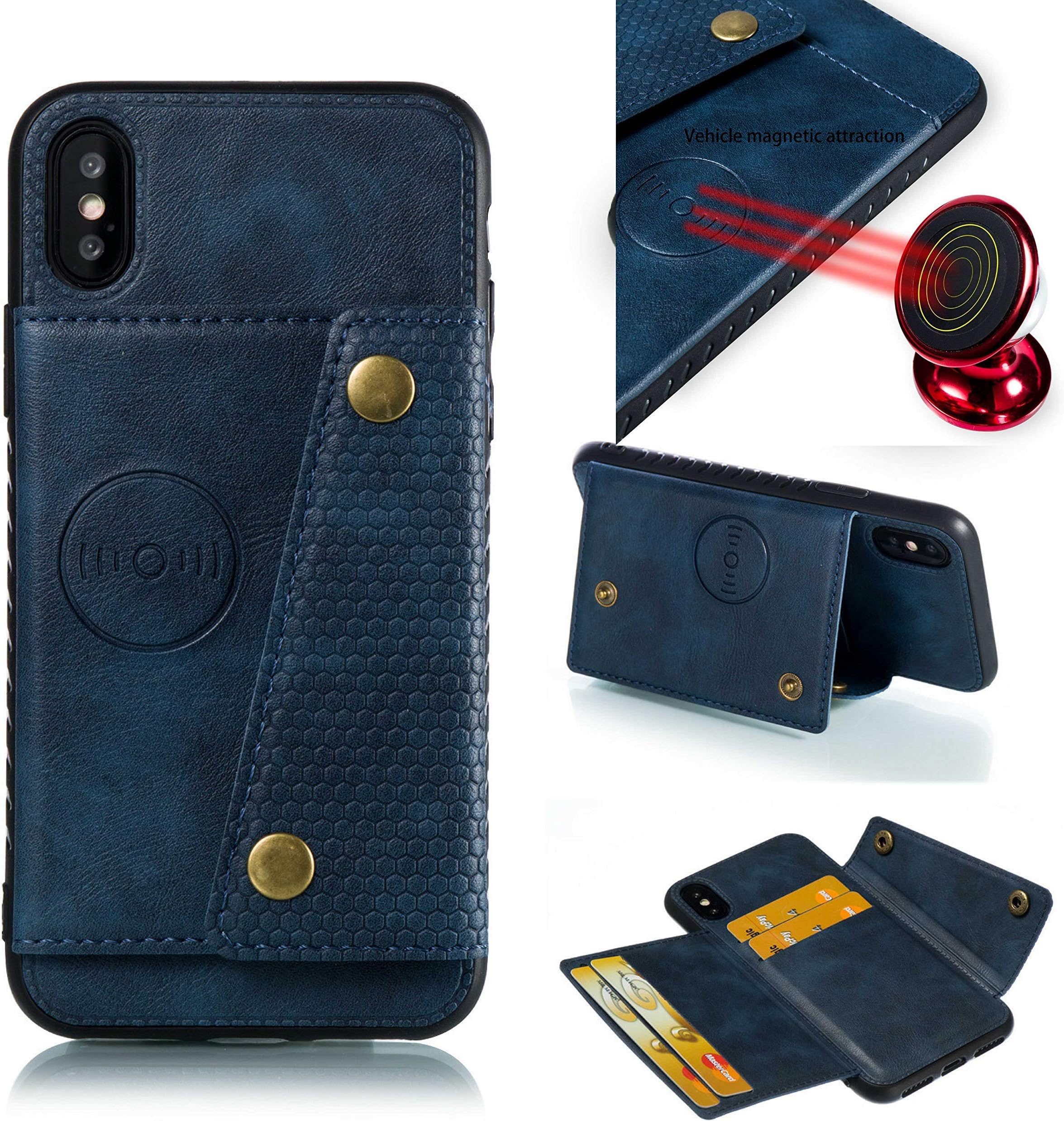 iPhone XS MAX with Card Holder and Magnetic car Back and Kick Stand Full Body Armor Apple iPhone 2018: - (Blue, 6.5 inches)