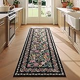 Vowkten Runner Rug for Kitchen Rug Non Slip 2'x6' Washable Rugs with Rubber Backing Soft Vintage Floral Carpet Runner for Kitchen, Laundry, Bedroom, Bathroom, Black