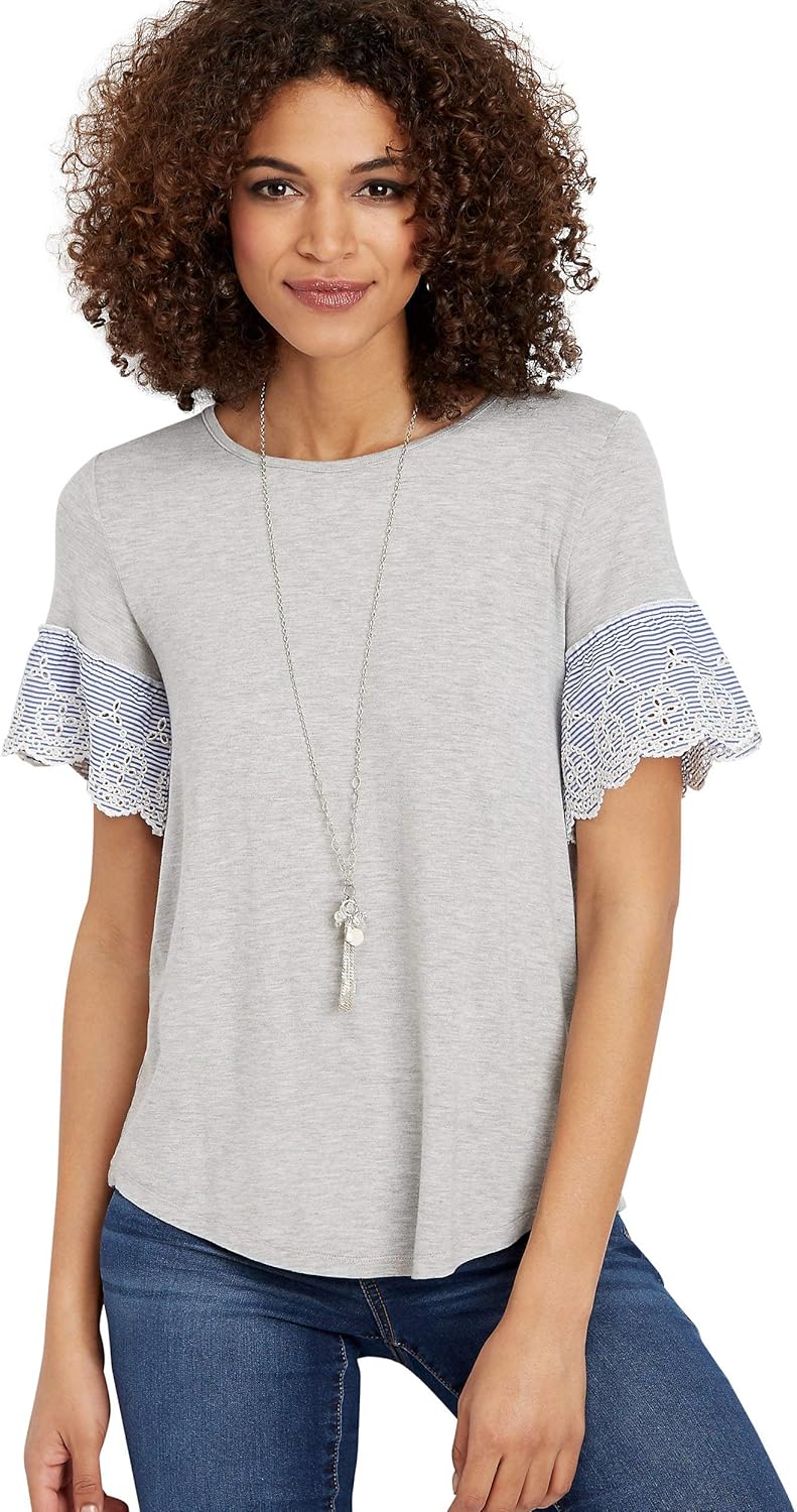 maurices Women's Eyelet Stripe Sleeve Top Large Gray at Amazon Women’s