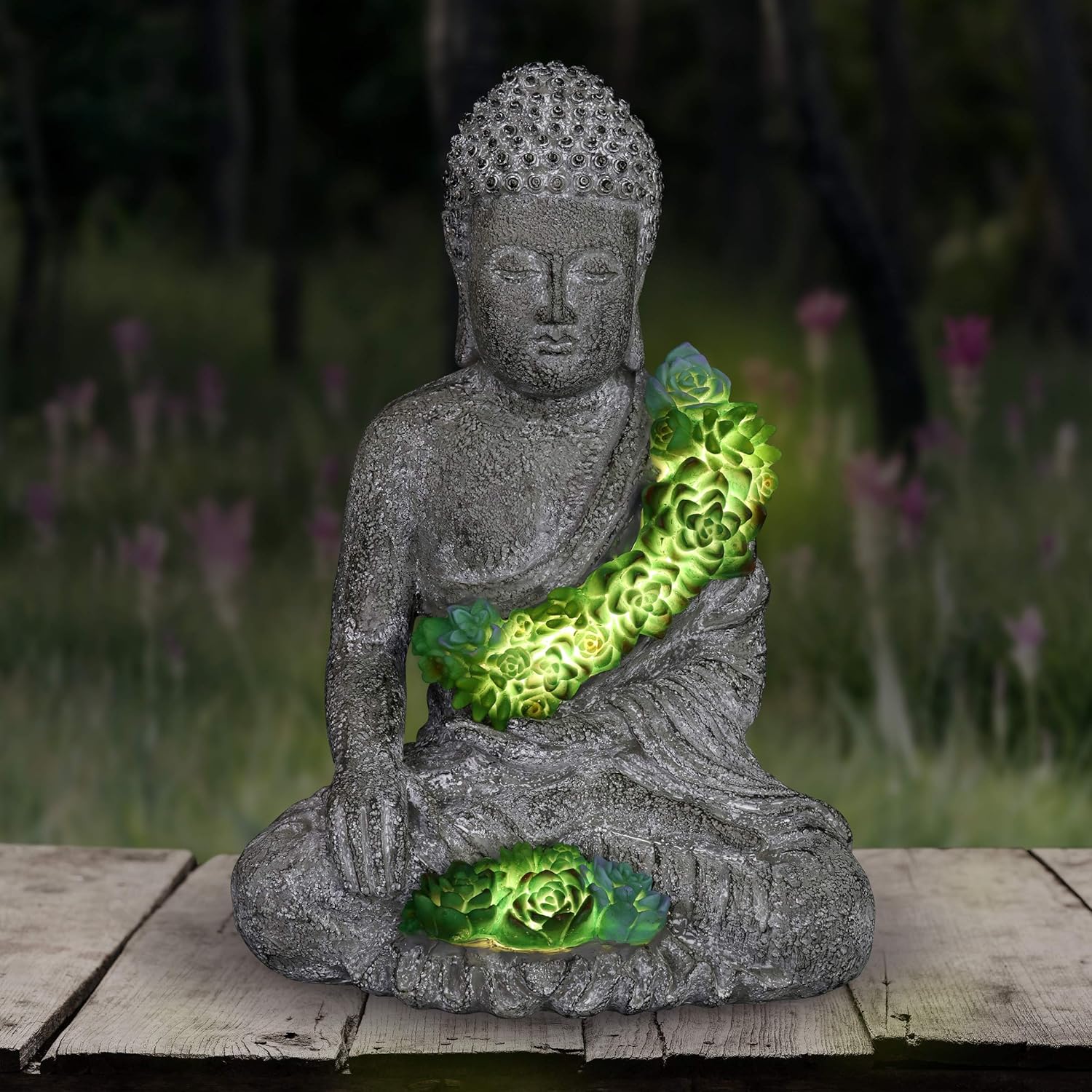Exhart Solar Buddha Statue w/Beautiful Green LED Succulents | Outdoor Zen & Meditation Spiritual Garden Art|UV Treated, Weather Resistant Meditating Buddha Statue |10