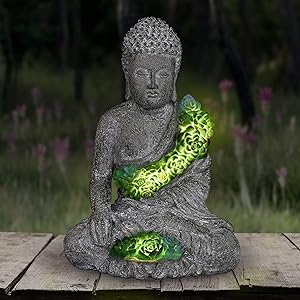Exhart Solar Buddha Statue w/Beautiful Green LED Succulents | Outdoor Zen & Meditation Spiritual Garden Art|UV Treated, Weather Resistant Meditating Buddha Statue |10