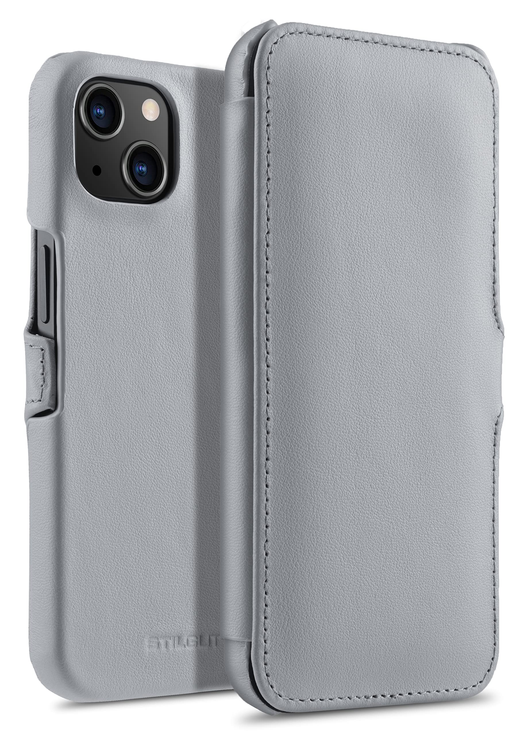 StilGut Book Case Compatible with iPhone 13 Mini (5.4 Inches) Leather Case with Clip Closure, Flip Case, Mobile Phone Case, Leather Case - Grey Nappa