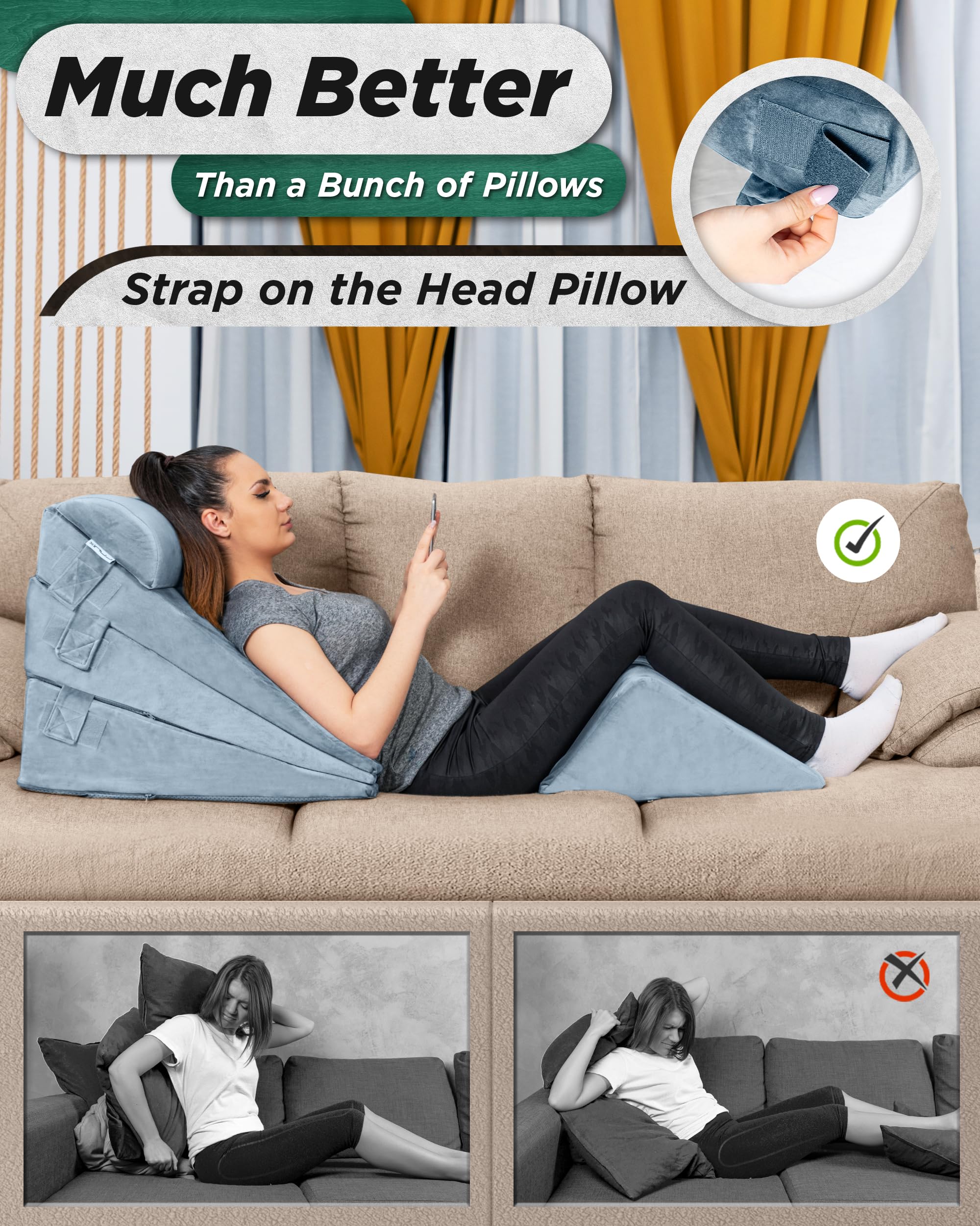 Lunix 5pcs Orthopedic Bed Wedge Pillow Set, Post Surgery Memory Foam for Back, Leg, and Knee Pain Relief, Adjustable Sitting Pillow for Sleeping, Acid Reflux, and GERD, with Hot Cold Pack, Gray