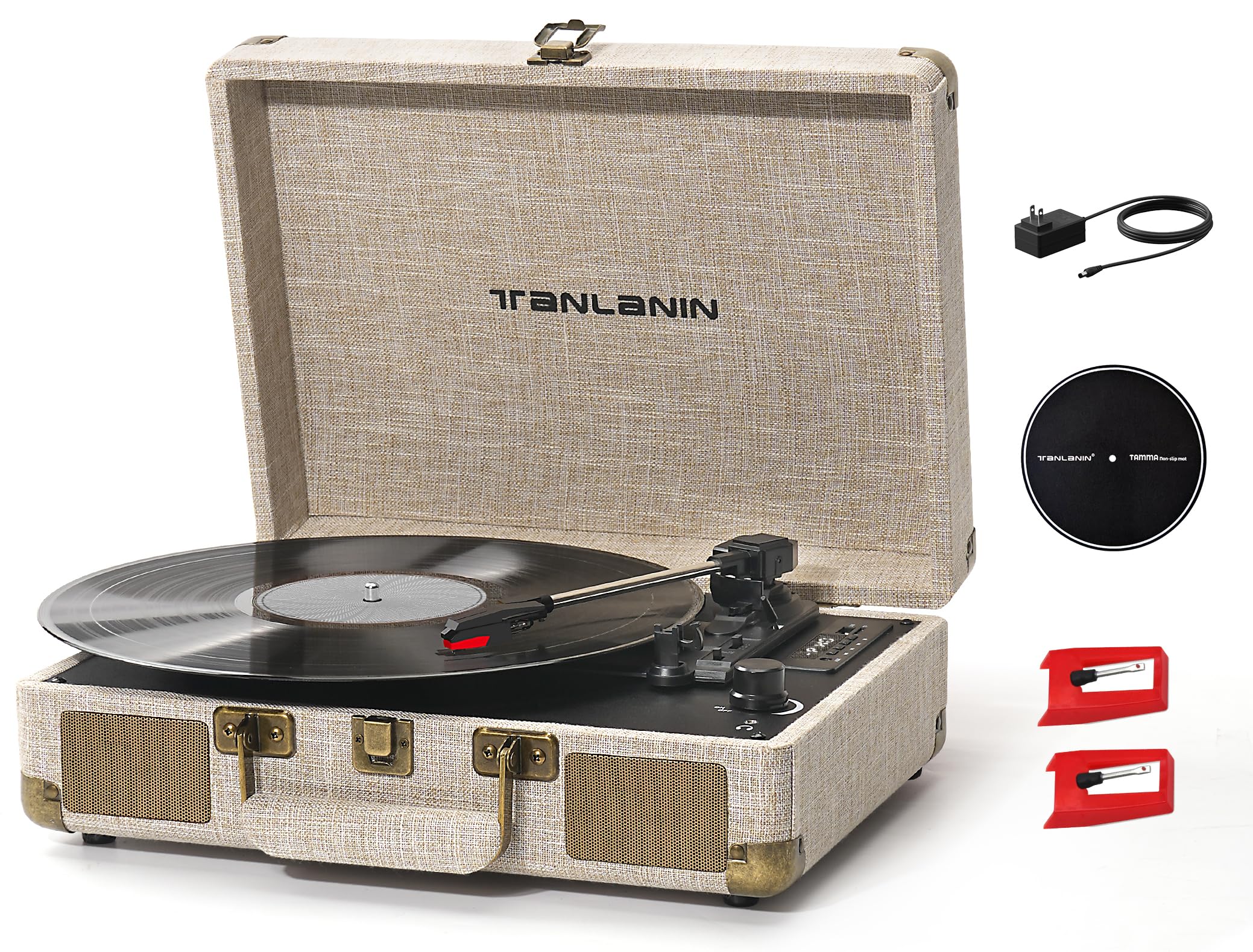 Photo 1 of Record Player with Speakers USB Recording Vintage 3-Speed Portable Suitcase Belt-Driven Turntables 33 45 78 RPM Bluetooth LP Vinyl Player Support AUX/RCA/Headphone Jack, Beige Linen