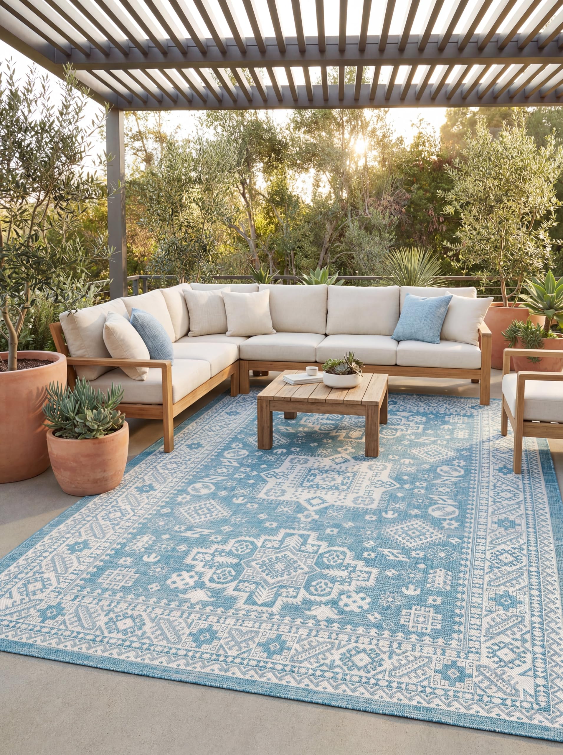 Rugs.com Outdoor Aztec Collection Rug – 5' x 8' Aqua Flatweave Rug Perfect for Living Rooms, Large Dining Rooms, Open Floorplans Image