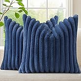 decorUhome Cozy Faux Fur Spring Throw Pillow Covers 18x18 Set of 2 Decorative Soft Plush Striped Modern Farmhouse Boho Couch Pillow Cases with Velvet Back for Sofa Bed Living Room, Blue