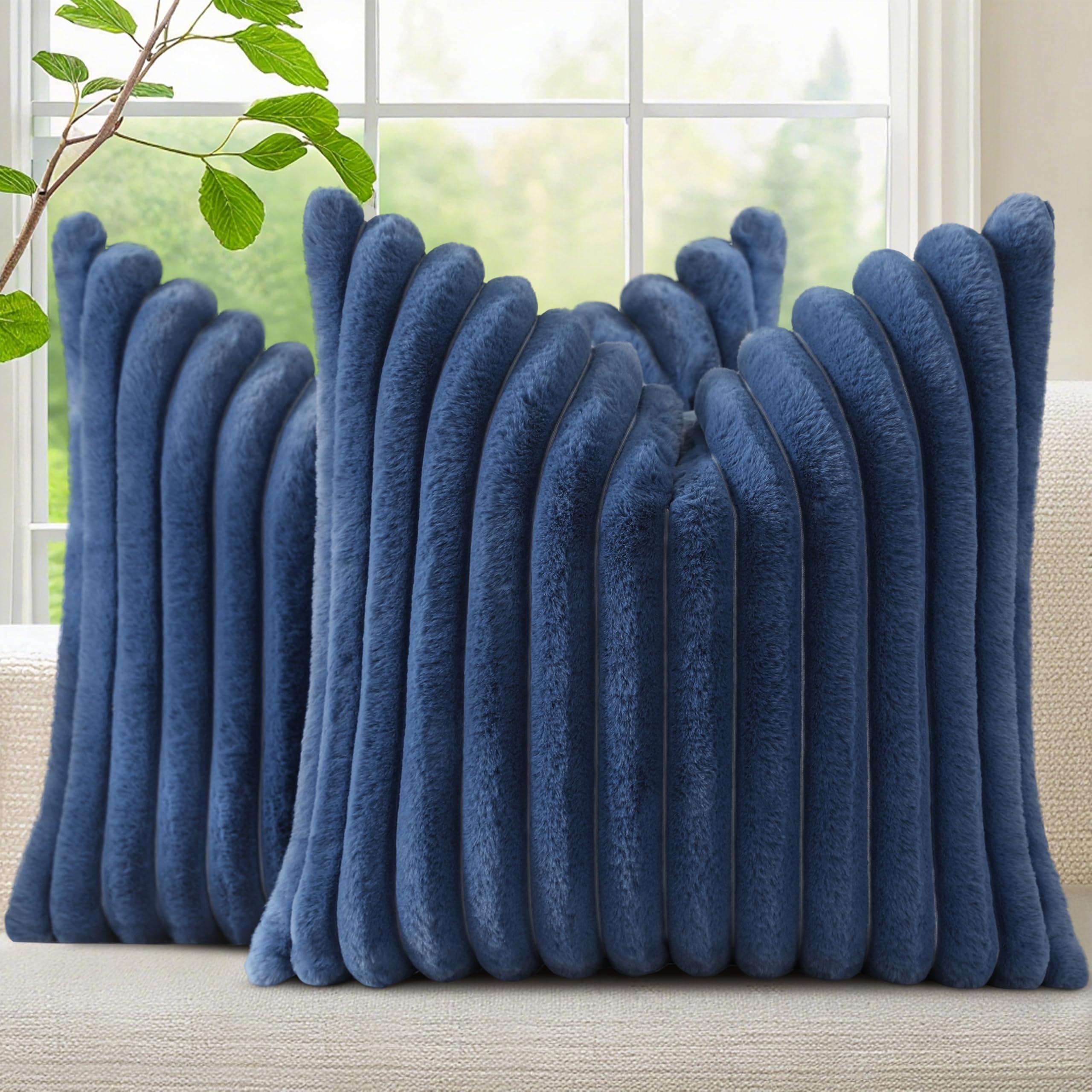 Photo 1 of **partial set/ only 1*** decorUhome Cozy Faux Fur Throw Pillow Covers 18x18 Set of 2 Decorative Soft Plush Striped Modern Farmhouse Boho Couch Pillow Cases with Velvet Back for Sofa Bed Living Room, Blue