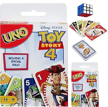 Amazon.com: UNO Toy Story Juego de 4 cartas Pixar temáticas niños familia juego de cartas con regla especial juego de cumpleaños paquete incluye BEB exclusivo cubo divertido y bono misterio Slime: Toys