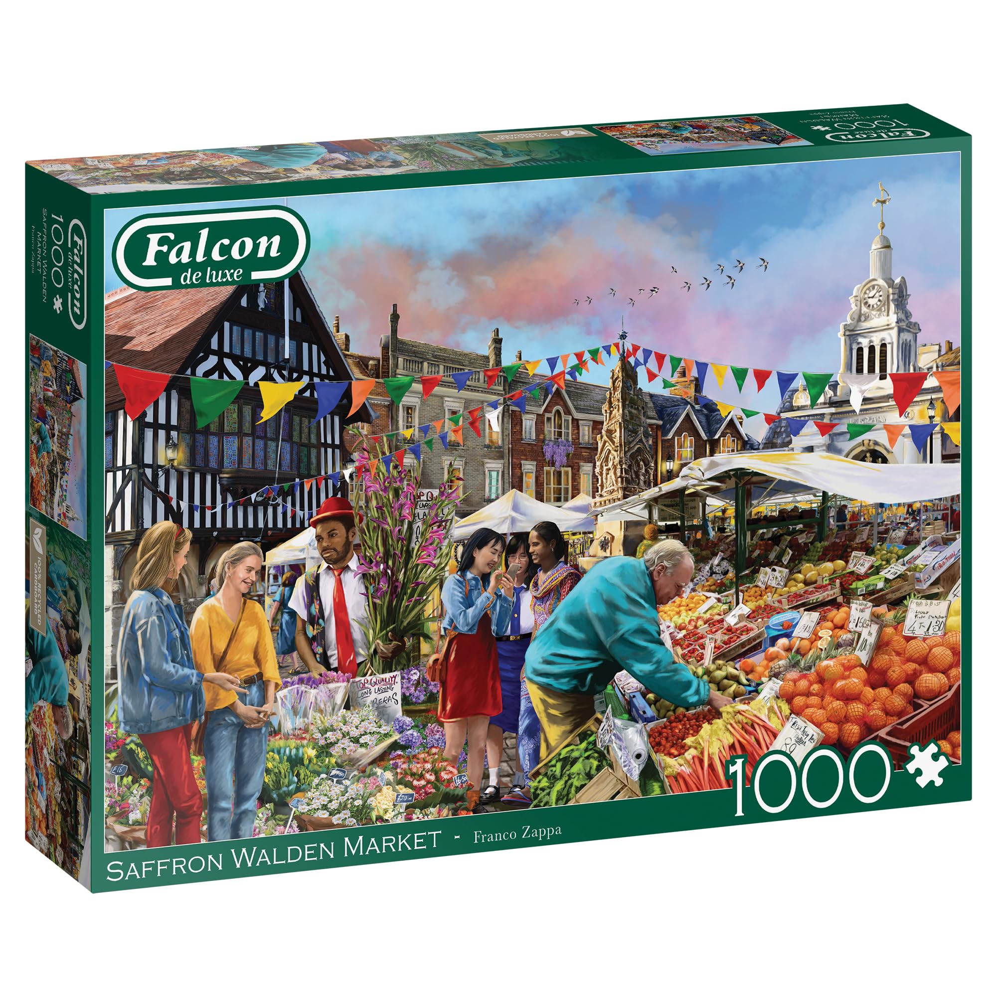 Jumbo -Falcon de Luxe Saffron Walden Market 1000-Piece Jigsaw Puzzle - Franco Zappa Illustration - Vibrant Market Day Scene - Premium Recycled Board - Poster-Like Finish - Eco-Friendly Packaging