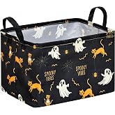 FUULOXE Halloween Ghost Cat Storage Basket with Handles, Collapsible Rectangular Organizer Bin, Gift Candy Basket, Toy Clothes Shelf Storage for Bedroom Nursery Home Office