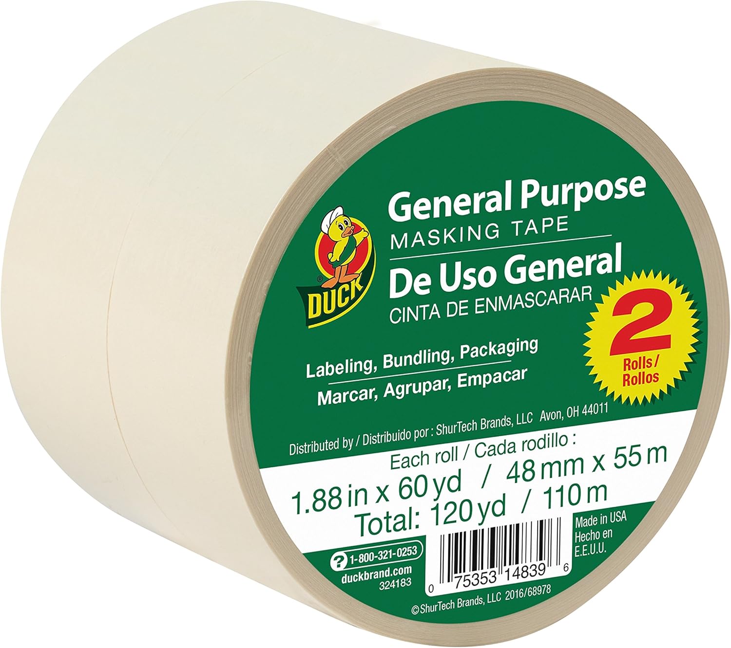 Duck Brand General Purpose Masking Tape - Beige, 1.88 in. x 60 yd., 2-Pack - - 