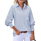 Gleeivy Womens Oversized Button Down Shirts Striped Smocked Cuff Long Sleeve Fall Blouses with Pocket Casual Collar Work Tops