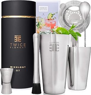 Twice Element® Cocktail Shaker Set| Edelstahl Shaker im Boston-Stil | Reichhaltiges Zubehör für einfachste Handhabung | Bonus-Rezeptbuch, Elegante Geschenkbox & Aufbewahrungstasche (Schwarz)