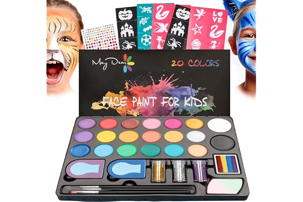 Maydear Face Painting kit for Kids - 20 Colors Water Based Makeup Palette with Stencils, Glitters, Rainbow Split Cake, Hair D