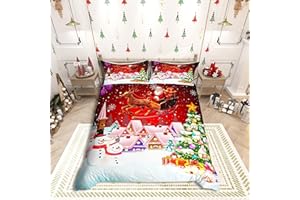 Manfei Christmas Duvet Cover Set Queen Size, Snowman Xmas Tree Bedding Set for Kids Boys Girls, Santa Claus with Reindeer Comforter Cover New Year Theme Quilt Cover with 2 Pillowcases, No Comforter