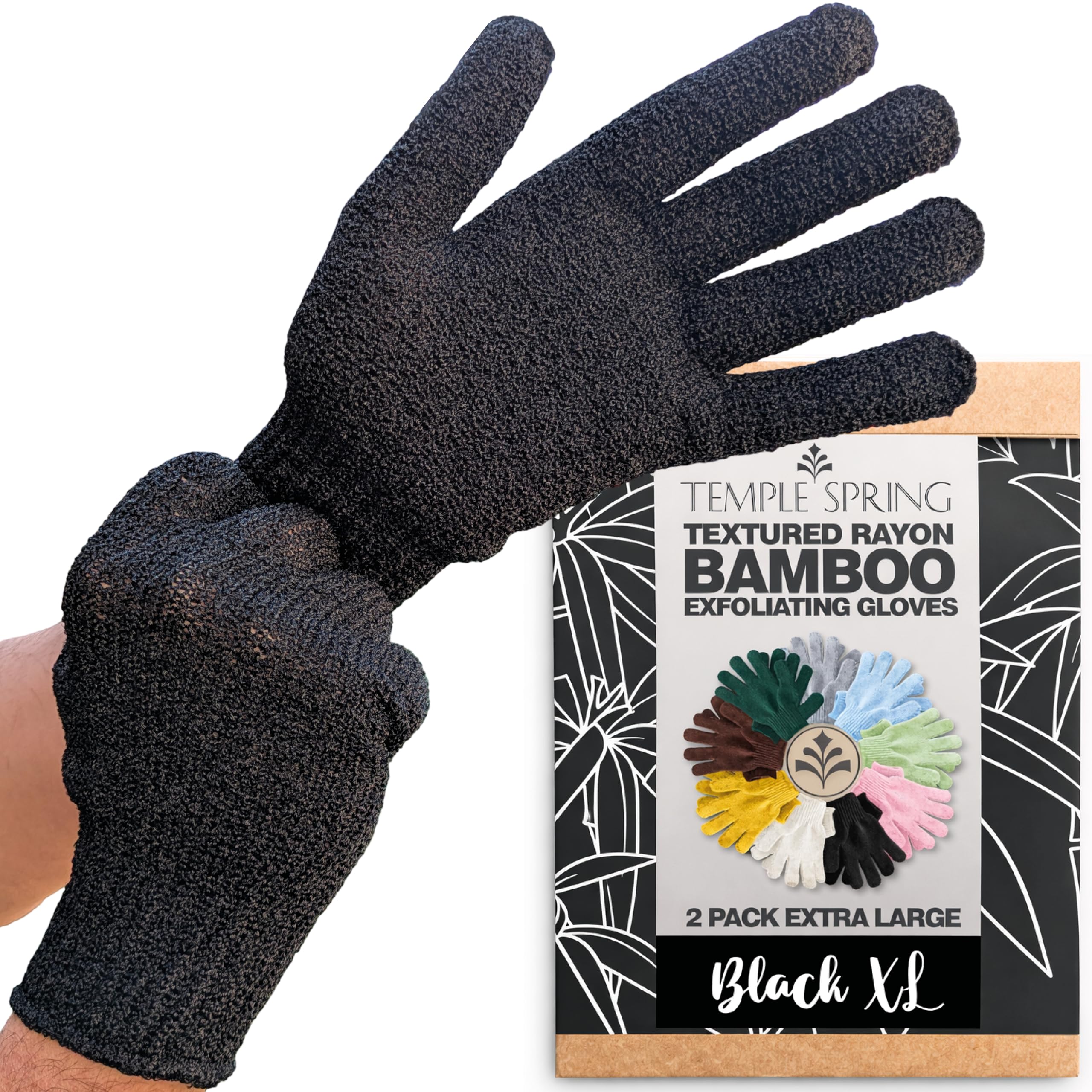 Temple Spring Exfoliating Glove, Carbonized Rayon Bamboo Body Scrubber, Loofah Exfoliating Mitt, Shower Scrubber Wash Cloth, Body Exfoliator Scrub, Loofa Shower Gloves Bath Sponge - Black XL