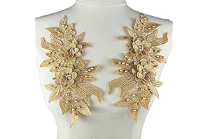 Carytalee 1 Pair Lace Fabric Flower Bead Patches Embroidered Trim Applique Floral Motif Lace Decor for Clothing DIY Sewing Craft Decoration, Champagne 9.2 x 4.5 Inch