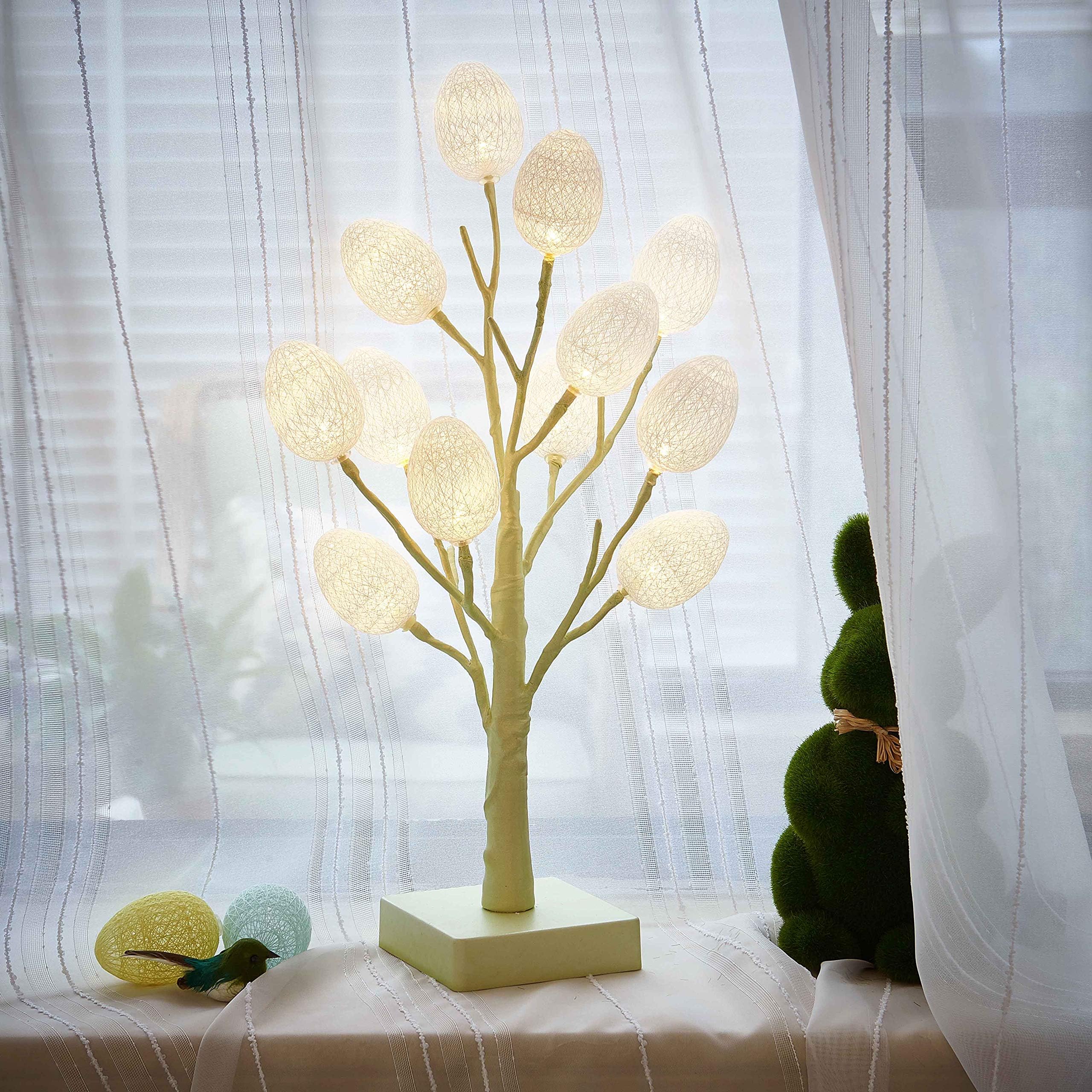 Hairui Pastel Green Tree with White Eggs 12LED 18in Battery Operated with Timer Indoor Use