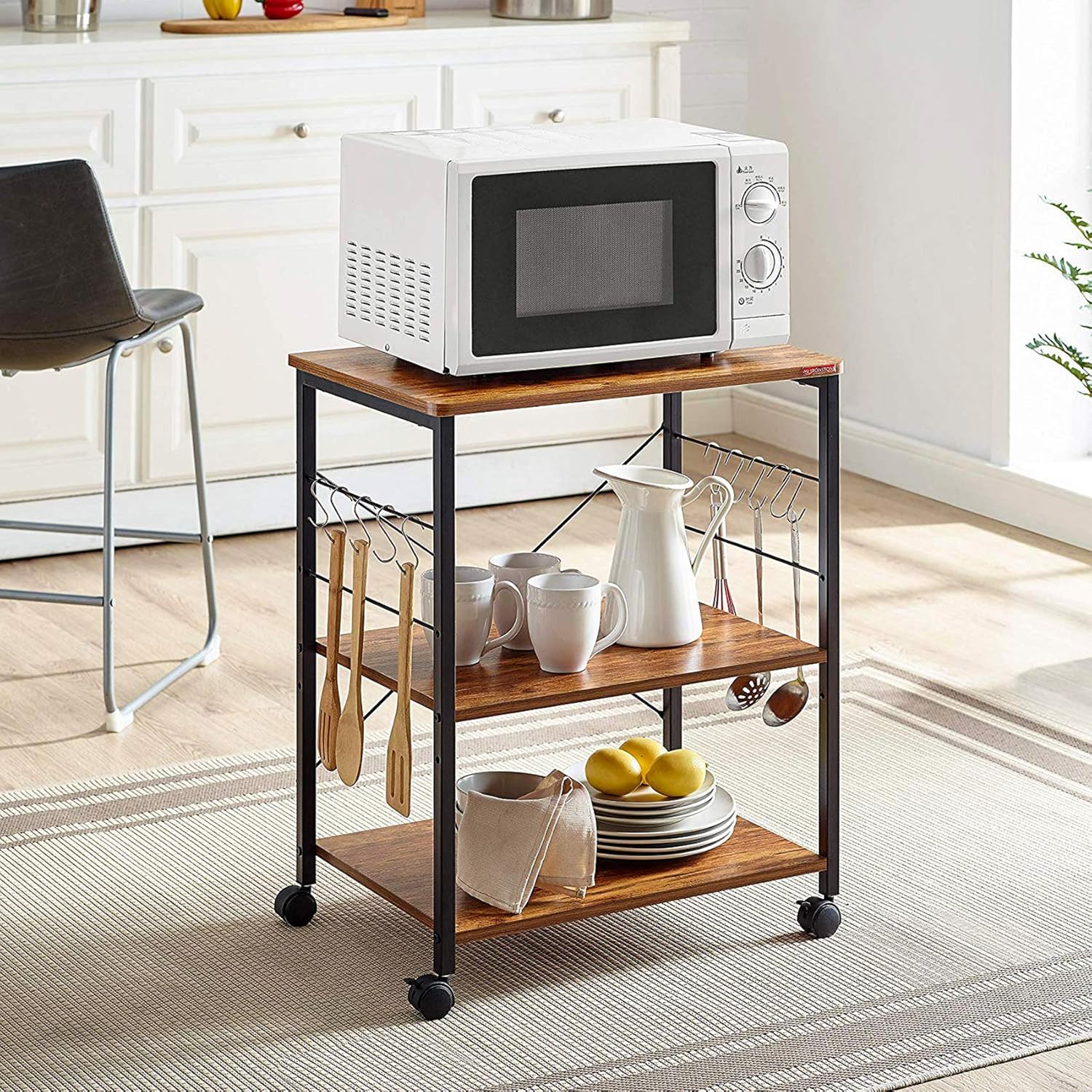 Mr IRONSTONE Kitchen Microwave Cart 3-Tier Kitchen Utility Cart Vintage Rolling Bakers Rack with 10 Hooks for Living Room Decoration - Standing Baker's Racks