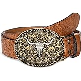 Eohak Mens Western Cowboy Belt Vintage Embossed Leather Belt With Longhorn Cow Pattern Buckle Fit 25" to 38" Waist