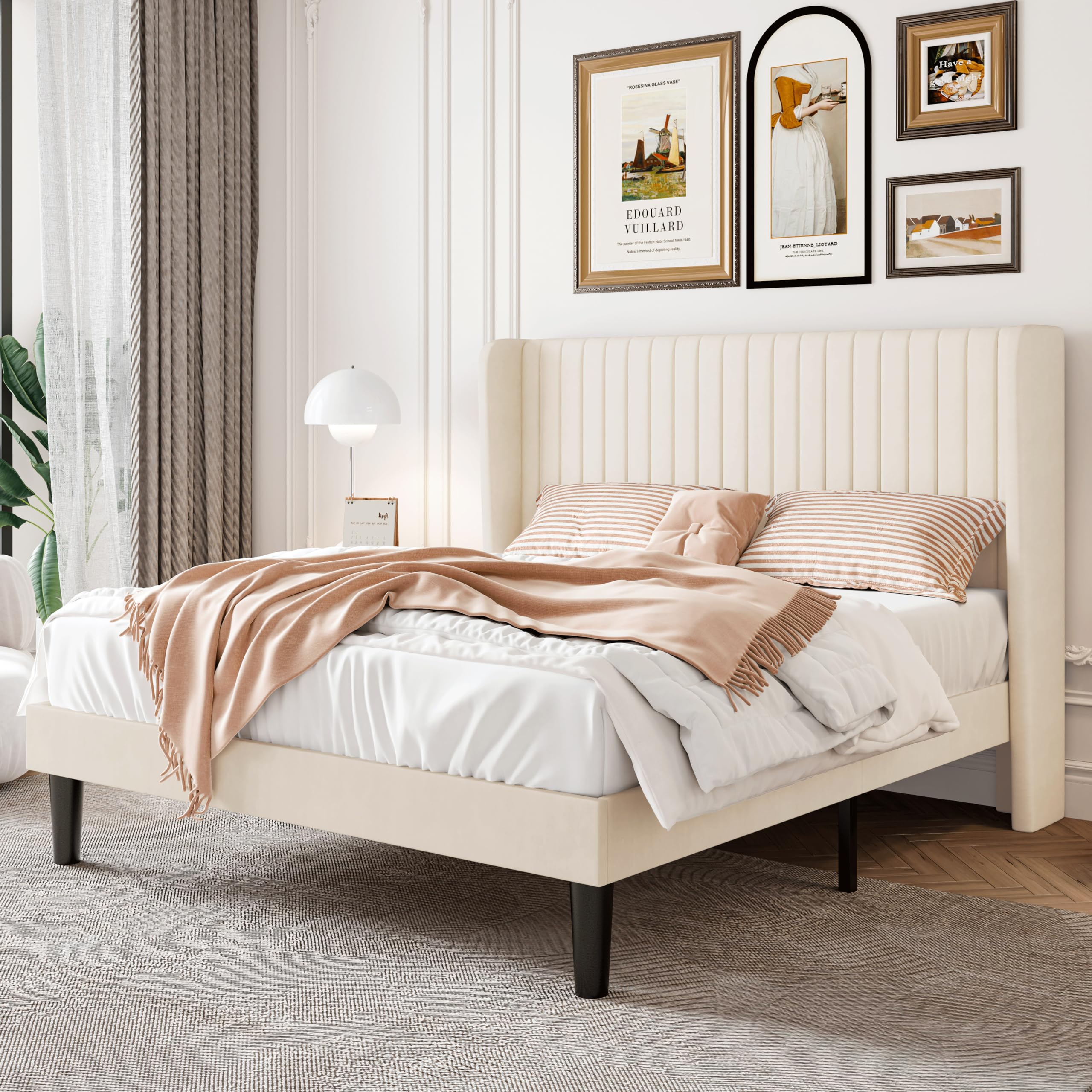 SHA CERLIN Queen Size Velvet Bed Frame with Vertical Channel Tufted Wingback Headboard, Upholstered Platform Bed with Wood Slats, No Box Spring Needed, Easy Assembly, Cream White Image