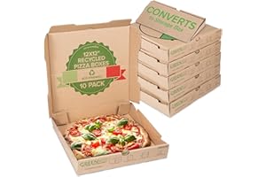 Stock Your Home 10 Pack Recycled Kraft 12x12 Pizza Box with Built-In Plates and Convertible Storage Container, Heavy Duty Pizza Boxes 12 x 12 for Small Personal Pizzas, Eco Friendly 12 Inch Pizza Box