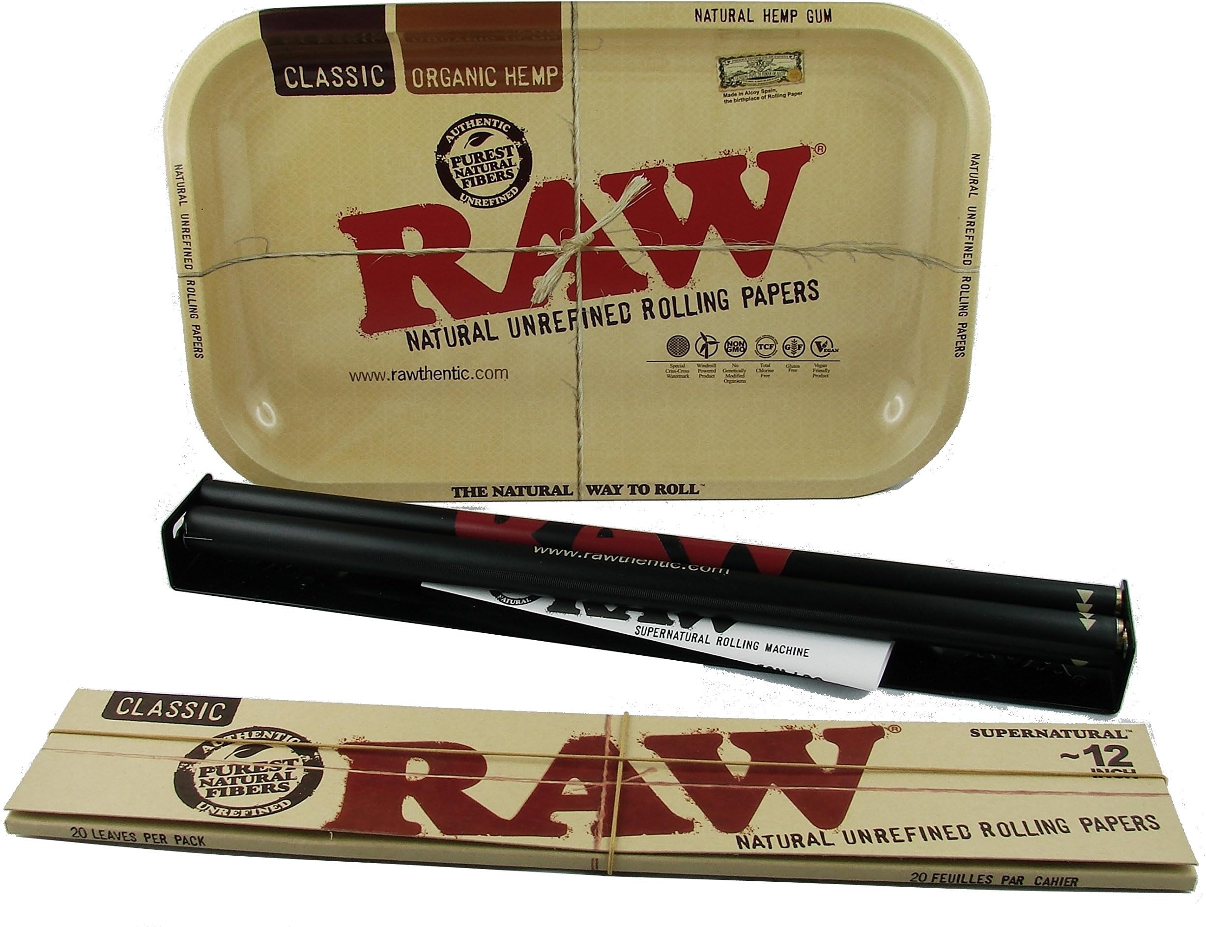 Raw Natural Unrefined Rolling Set Metal Rolling Tray with Rolling Machine and Supernatural 12?Inch Natural Unrefined Rolling Papers (20?Sheets)