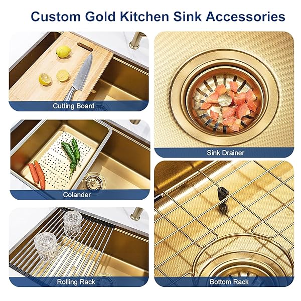 GZOII GOLD UNDERMOUNT WORKSTATION KITCHEN SINK, GOLD DECOR 30 INCH STAINLESS STEEL SINGLE BOWL KITCHEN SINK WITH ACCESSORIES, 30×18×9 INCH
