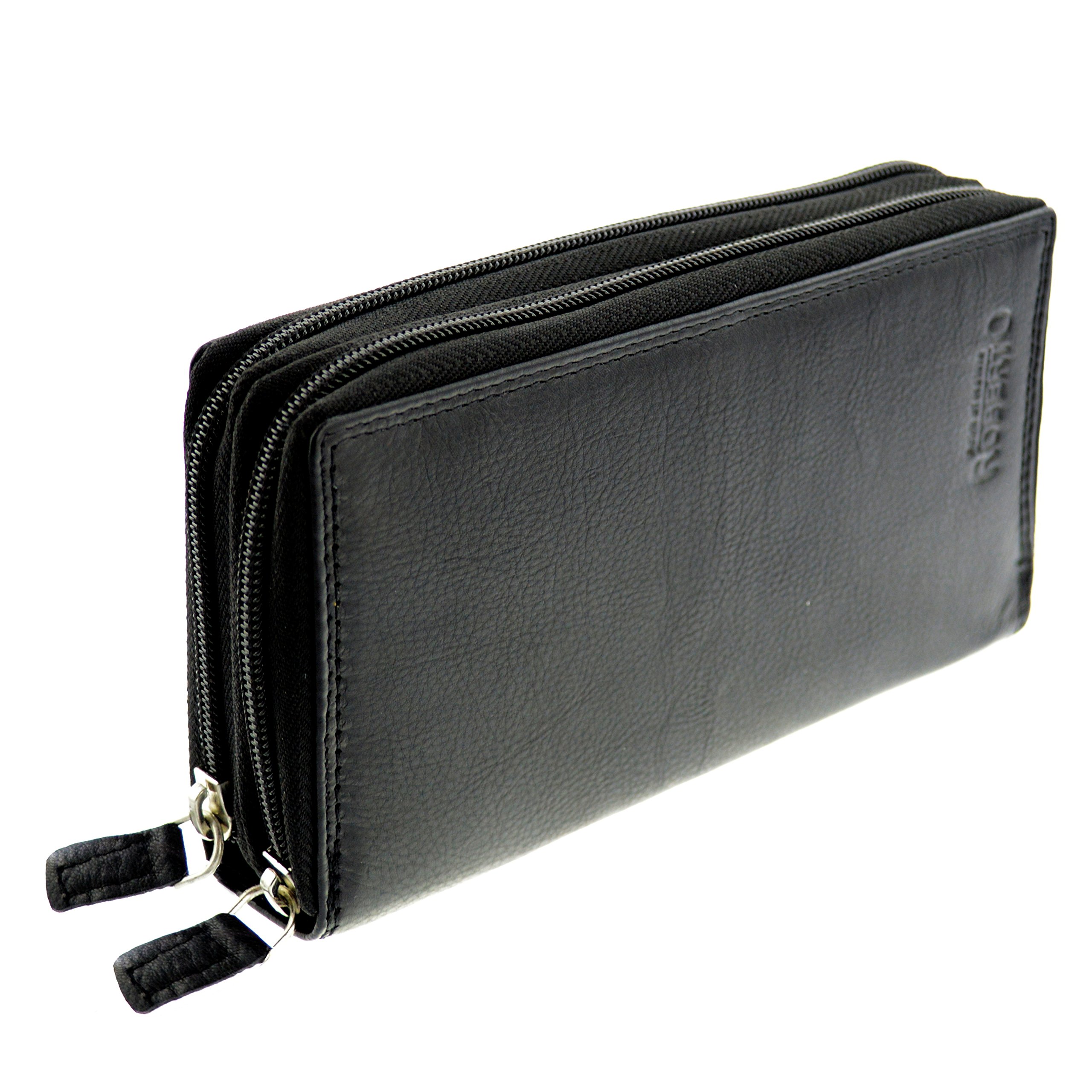 flevado XL Large Women's Suede Leather Wallet with Lots of Storage Space and Space for 22 Cards, Black smooth leather, 18,5 x 9,5 x 4,0 cm B/H/T, Modern