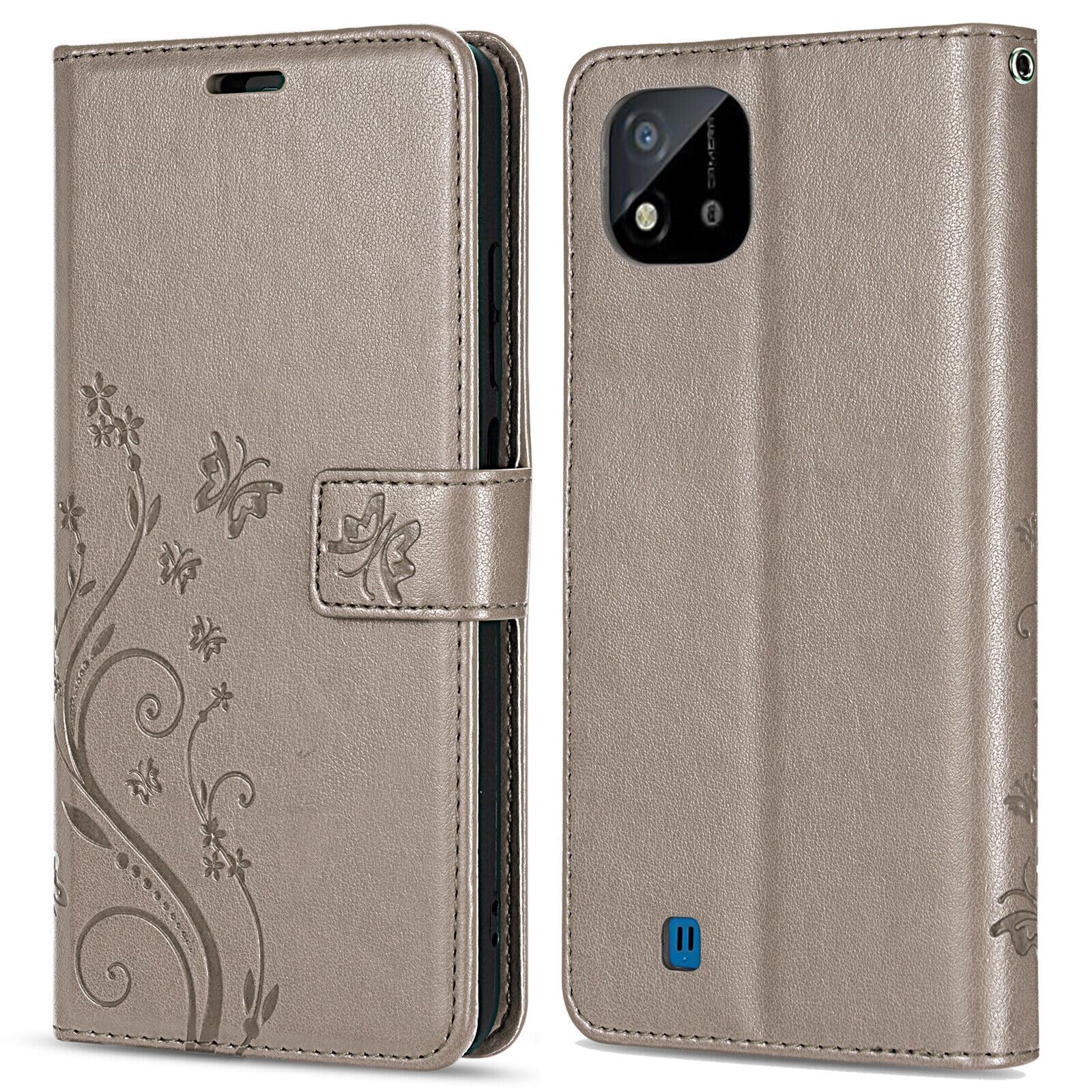betterfon Mobile Phone Case for Realme C11 (2021) Case, Flip Case Protective Mobile Phone Case [Card Slots] [Magnetic Closure] [Stand Function] Flower, Grey