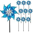 Hausse 10 Pack Reflective Pinwheels with Stakes, Extra Sparkly Pin Wheel for Garden Decor, Bird Repellent Devices Deterrent to Scare Birds Away from Yard Patio Farm, Blue