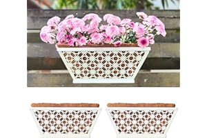 LaLaGreen Window Boxes Planters for Outdoor Plants (12 Inch, 2 Pack) White Metal Small and Cute Rectangular Flower Box Plante