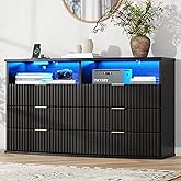 Gyfimoie Fluted 6 Drawer Dresser with LED Lights, Modern Black Chest of Drawers with Power Outlet & Curved Top, Wood Dresser TV Stand, Black Double Dresser for Bedroom, Living Room, Hallway