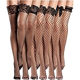 Janmercy 6 Pairs Women Fishnet Thigh High Stocking Black Lace Top Sheer Silky over Knee Stocking for Women Halloween Party