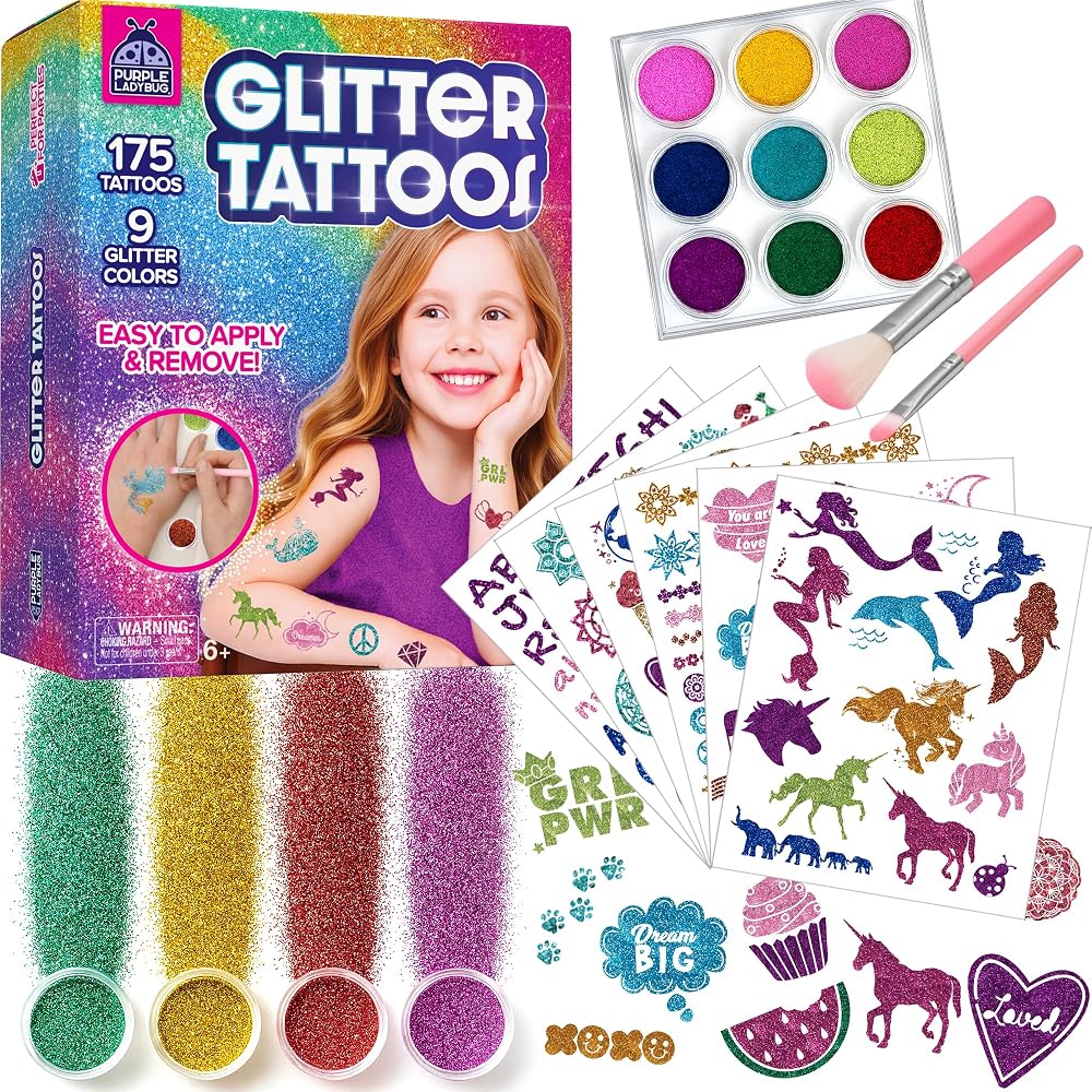 PURPLE LADYBUG Glitter Tattoo Kit for Kids 9 Colours 175 Designs Safe Temporary