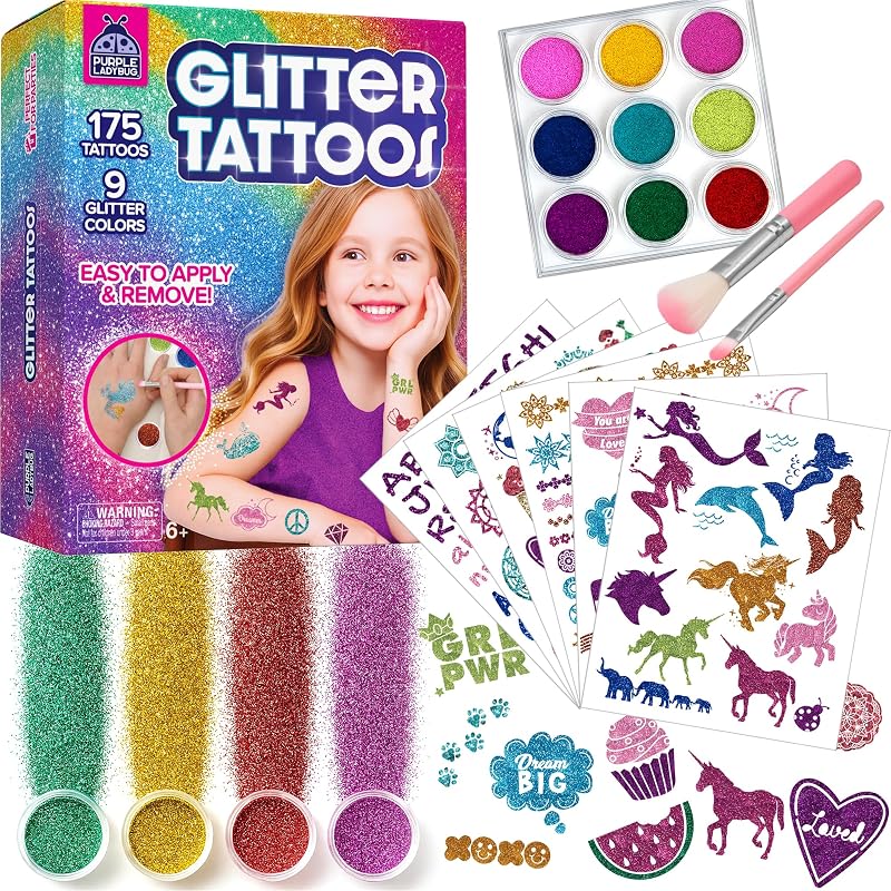 PURPLE LADYBUG Glitter Tattoo Kit for Kids 9 Colours 175 Designs Safe Temporary