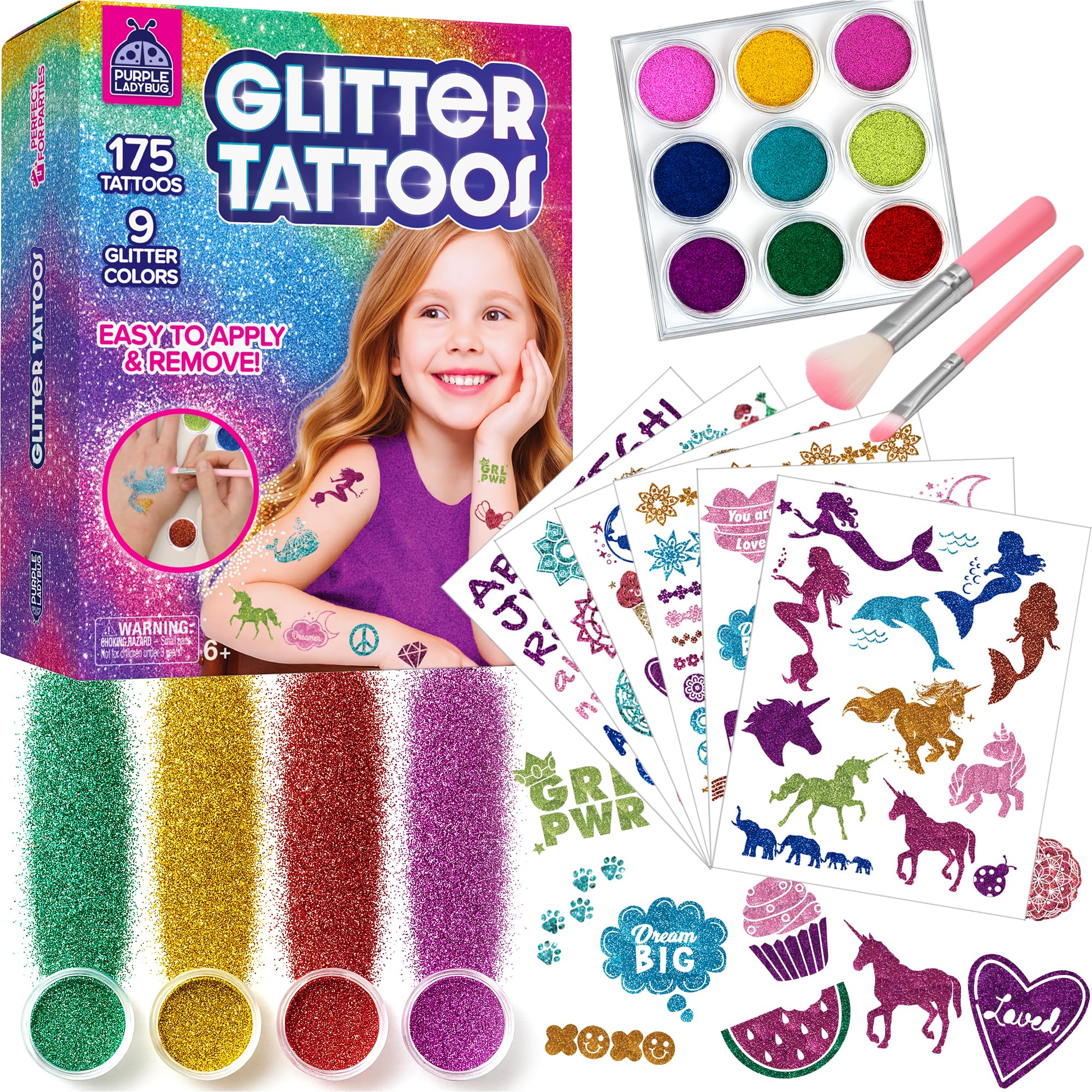 PURPLE LADYBUG Glitter Tattoo for Kids - Glitter Tattoo Kit 9 Colours, 175 Designs - 5 Year Old Girls Gifts, Safe Temporary Tattoos for Girls Ages 5-12, Birthday Presents & Easter Gifts for Kids