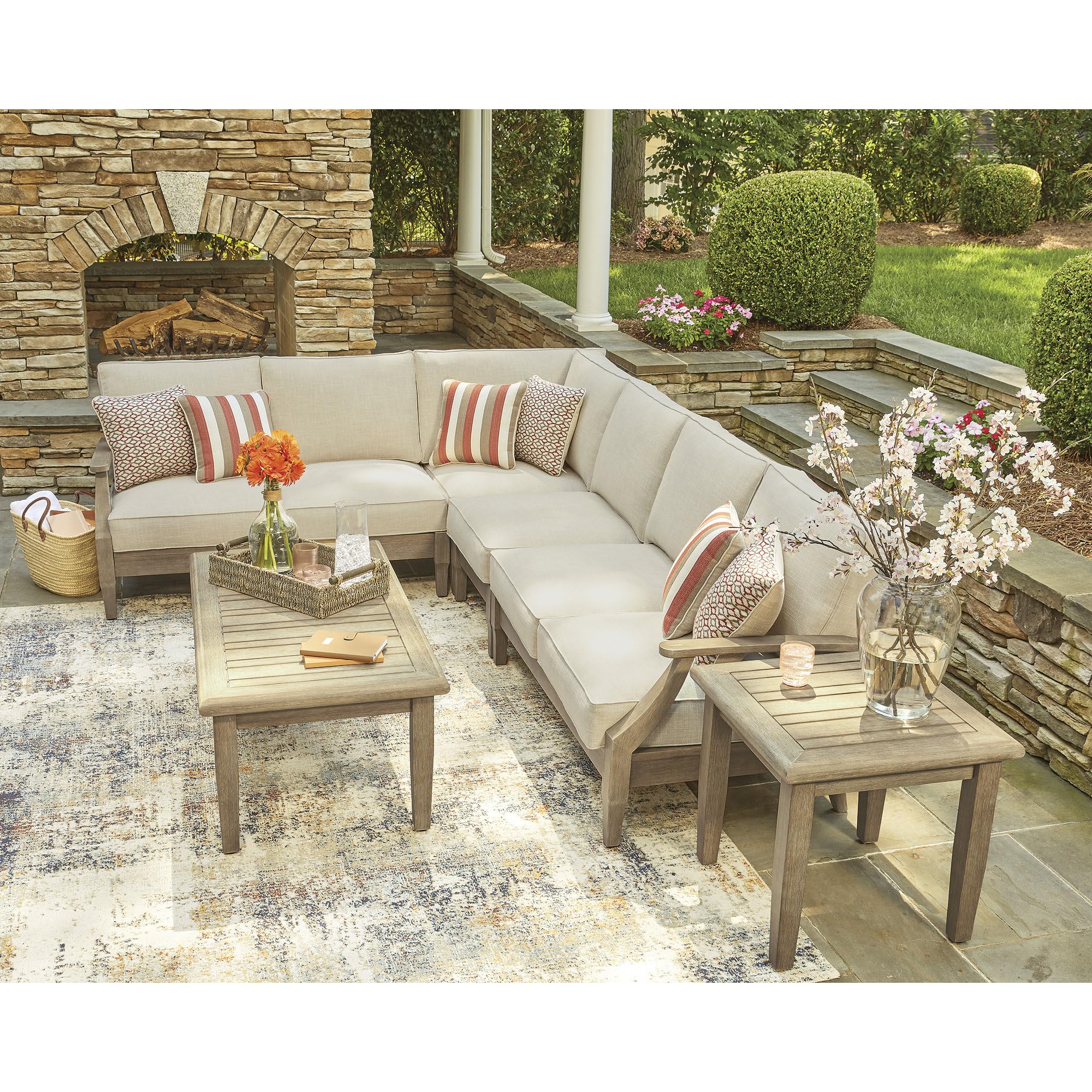 Signature Design by Ashley Clare View Left-Arm Facing Contemporary 4-Piece Outdoor Sectional with Cushion and 6 Throw Pillows, Beige Image