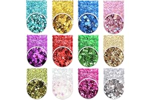ESTANOITE Holographic Chunky Glitter Sequins 12 Colors Mixed Laser Cosmetic Glitter for Face Body Eye Hair Nail Art Lip Gloss, Festival Glitter Makeup with Different Hexagons Size (Metallic Mix)