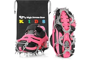 HIGH STREAM GEAR Kids Ice Cleats - Snow Crampons for Hiking Boots & Shoes with 14 Stainless Steel Spikes