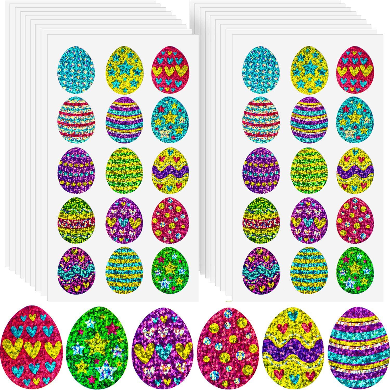 300 Pieces Easter Egg Bunny Chick Shinny Stickers Easter Eggs Fillers, 20 Sheets (Easter Egg)
