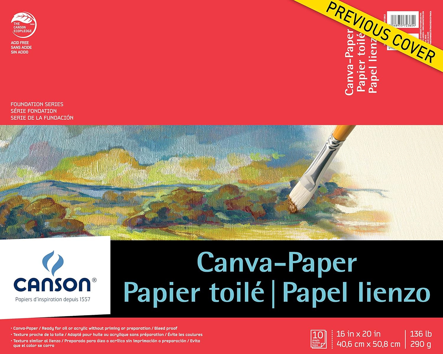 Canson 100510843 Foundation Series Canva-Paper Pad Primed for Oil or Acrylic Paints, Top Bound, 136 Pound, 16 x 20 Inch, 10 Sheets, 16" x 20", 0