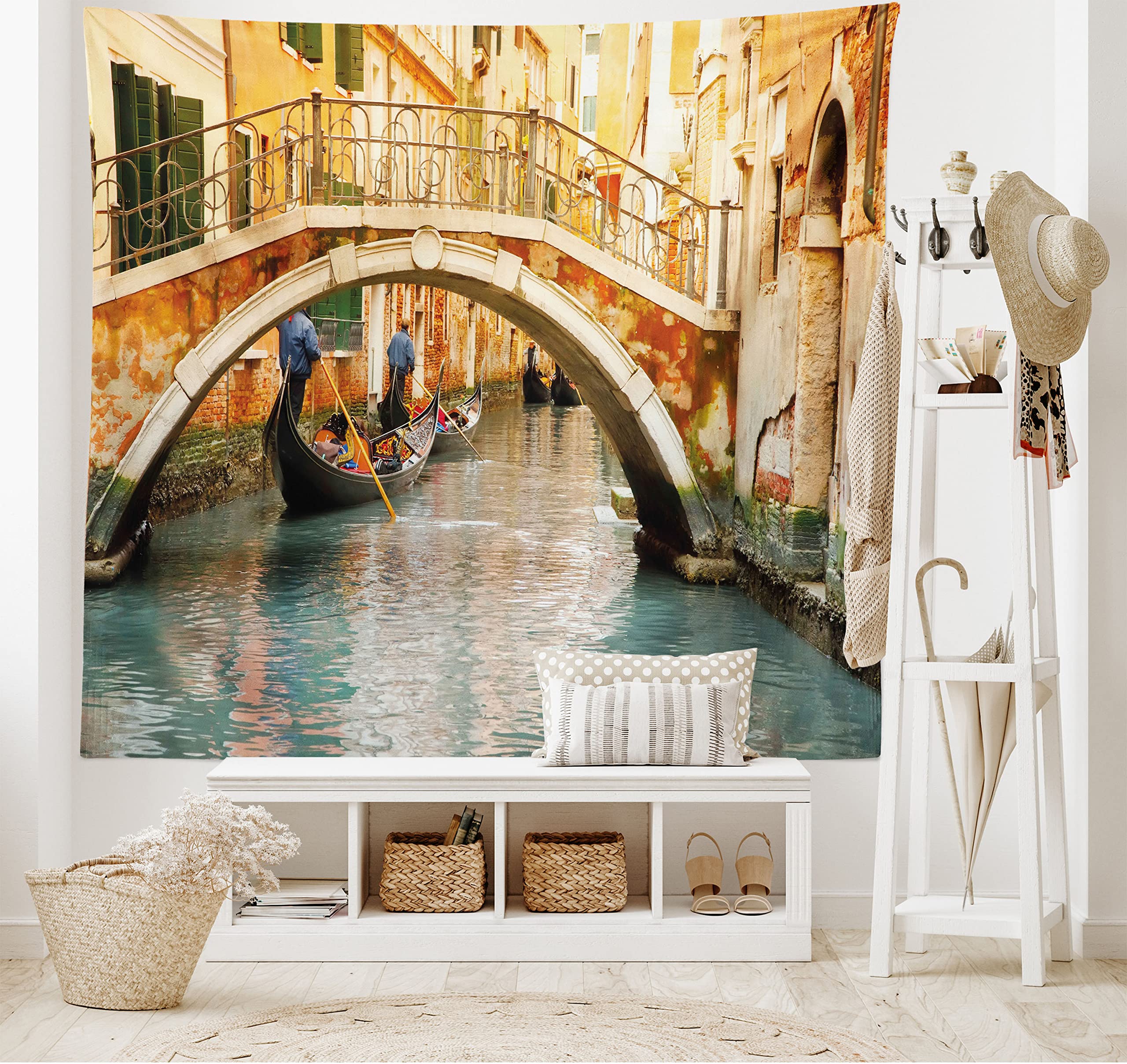 ABAKUHAUS Venice Tapestry, Ancient Bridge and Traditional Gondola Canals of Famous Touristic City, Fabric Wall Hanging Decor for Bedroom Living Room Dorm, 58 W X 43 L, Orange Ivory Bluegrey