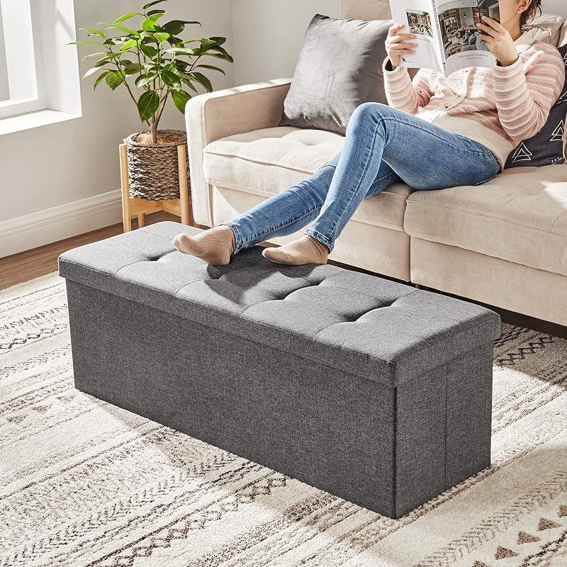 MAZIE Collezione - Cassapanca, Pouf Contenitore, Poggiapiedi Pieghevole da 38 x 110 x 38 cm, Ottomano, Portante 300 kg, per Soggiorno, Camera da Letto, Entrata, Grigio Scuro LSF77K