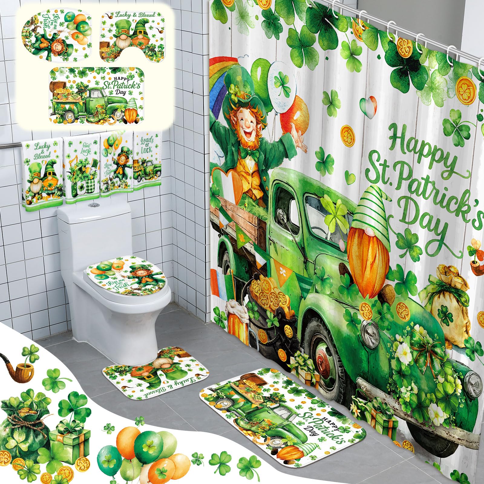 FuWeave 8 Pcs St. Patrick's Day Shower Curtain Sets for Bathroom Decor Shamrock Bathroom Accessories Irish Lucky Clover Green Shower Curtain Sets with Towels Carpet Bath Mat Toilet Rugs and 12 Hooks
